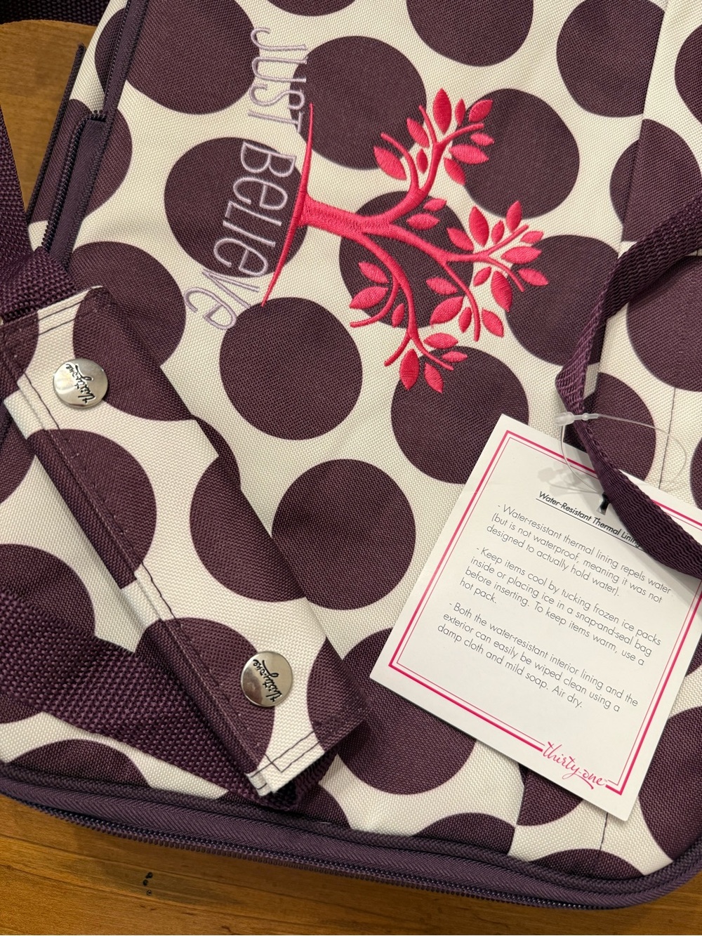 thirty-one Purple Polka Dot Tote with Pink Tree Embroidery